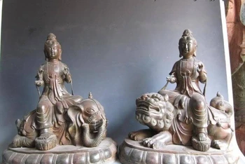 

19 Tibet Bronze Manjusri Samantabhadra Bodhisattva Kwan-Yin Guan Yin BuddhaPair