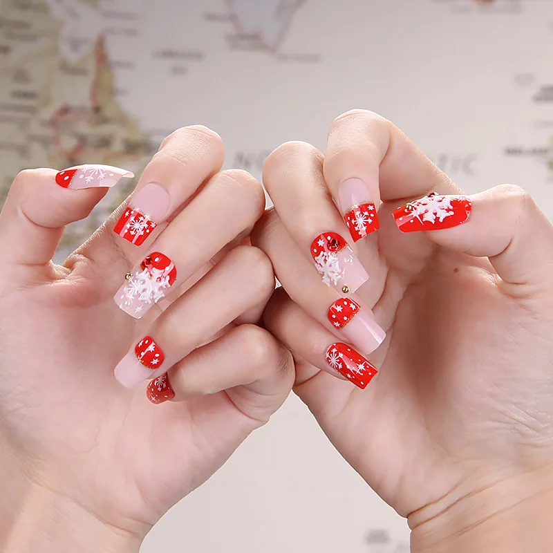

24pcs/set Girls Cute False Nails Snowflake Design Full Cover Nail Art Tips With Glue Square Head Fake Nails Best Christmas Gift