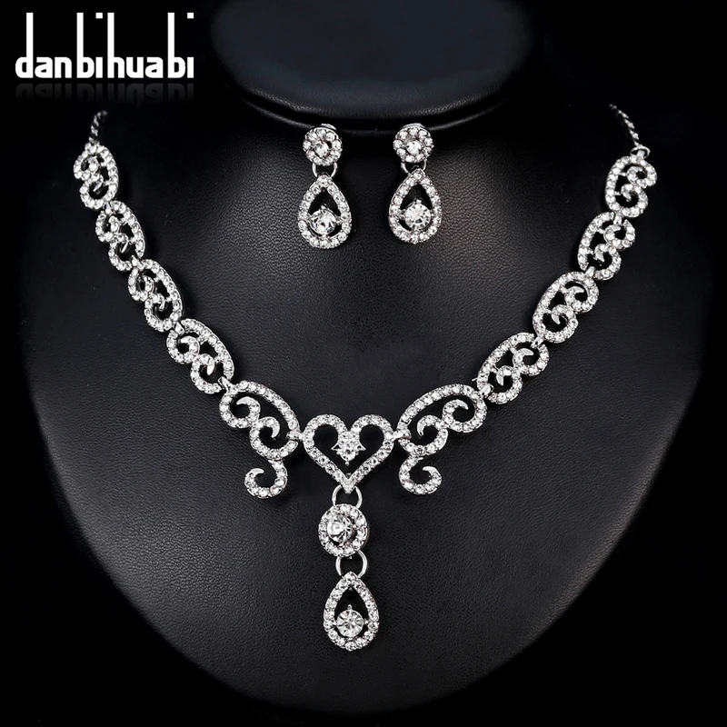 

Danbihuabi Danbihuabi Fashion Jewelry Bride Silver Simple Crystal Necklace Earrings Wedding Party Gift Jewelry Set