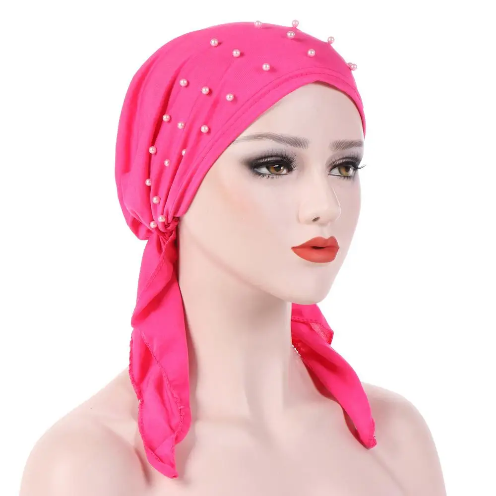 Muslim Beading Hijabs Islamic Turban Headscarf Long Tail Bandanas Hair Loss Hat Stretch Arab Chemo Cancer Cap Wrap Bonnet Beanie - Цвет: Rose Red