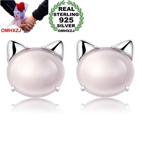 

OMHXZJ Wholesale Fashion jewelry Cute cat Pink Crystal Rose Quartz hibiscus stone real 925 sterling silver Stud earrings YS119