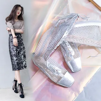 

2019 New Fashion Women Knee High Boots Square heels Sexy Lace up Summer women Mesh Boots Breathable Women's Shoes