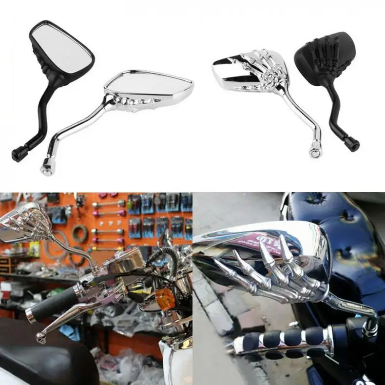 

2pcs Motorcycle Mirror Chrome Skeleton Skull Hand Claw Side Rear View Mirrors E-Bike Moto Rearview Back Side Motorbike Mirrors