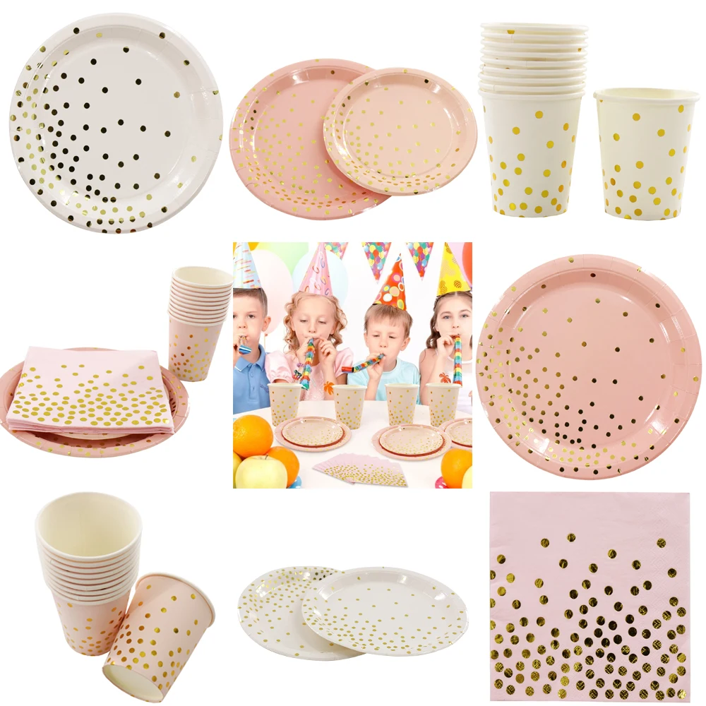 

Disposable Paper Bronzing Dot Tableware Set Plates Cups Napkins Dinner Table Decoration For Birthday Wedding Hawaii Party Supply