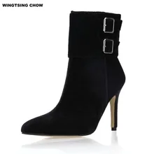 Autumn Buckle Ankle Boots Women High Heel Fashion Black Pointed Toe Ladies Shoes Women Boots Red Bottom High Heels