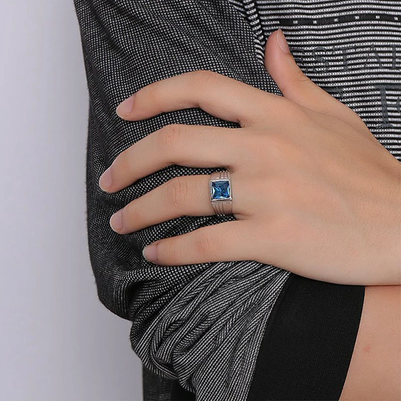 Trendy Promise Jewelry Anillo Men's Blue Stone Stainless Steel Rings for Men Fashion Wedding Engagement Ring Gift Bague Homme