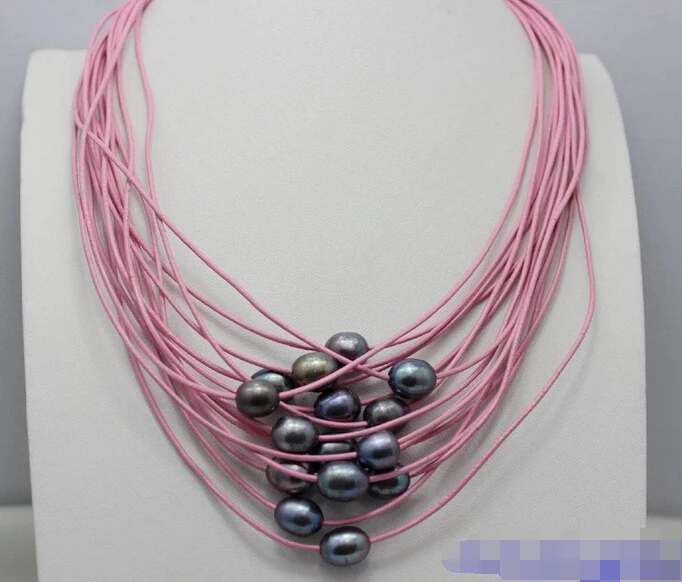 

Jewelr 006454 Black freshwater pearl 15strand pink Genuine leather necklace 19-23INCH Alloyl
