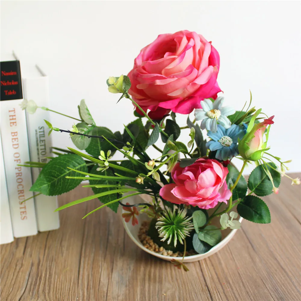 

Artificial Rose Flower with Leaves Bonsai Silk Fake Flowers Potted Plant for Home Garden Balcony Decoration Supplies AQ133
