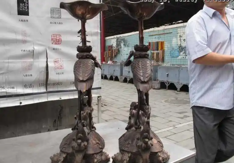 

18 Chinese Buddhism Bronze Copper Red-crowned Crane on tortoise Candlestick Pair