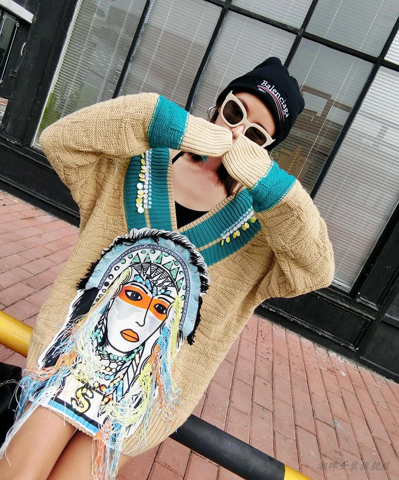 Тайский прилив бренд осенние и зимние бисером кисточкой Indian face v-образным вырезом Свободные Большие размеры Длинные плотные женские свитер женщин