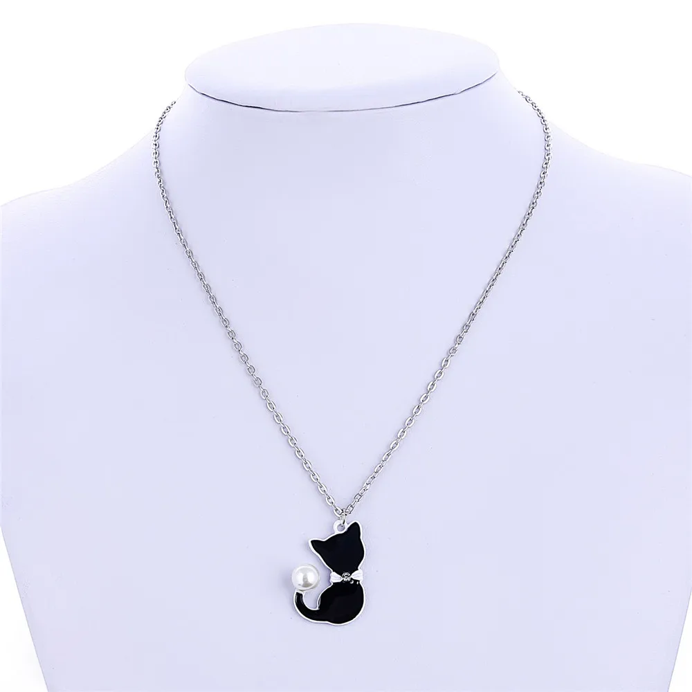 

Cute Simple Style Female Valentine's Day Gift Jewelry Alloy Link Chain Black Cat Imitation Pearls Pendant Necklace for Women