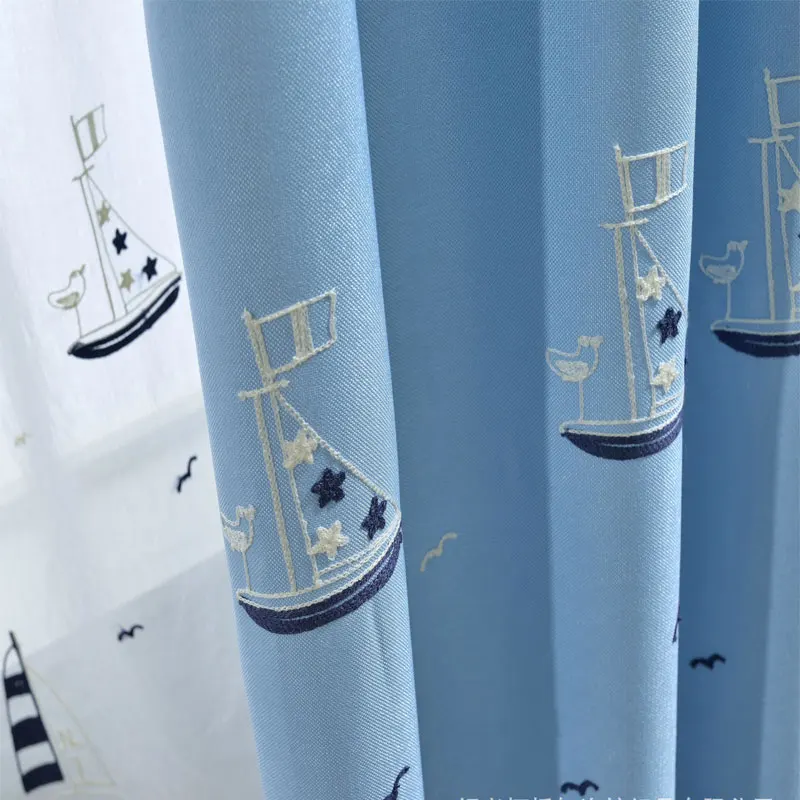 

Mediterranean Cotton Linen Embroidery Cartoon Sailboat Shade Curtains For Kids Bedroom Living Room Blue