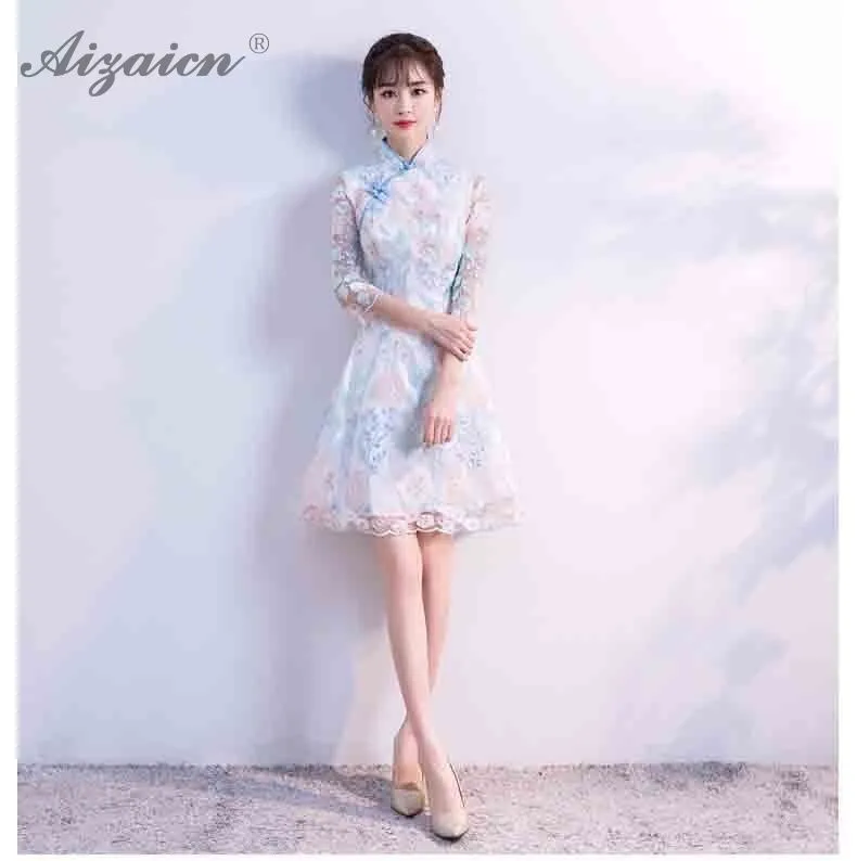 2019 летние модные короткие Cheongsam платья для женщин для китайское платье Qipao мини Восточный Стиль Тонкий Ци Пао Китай костюмы светло голубой