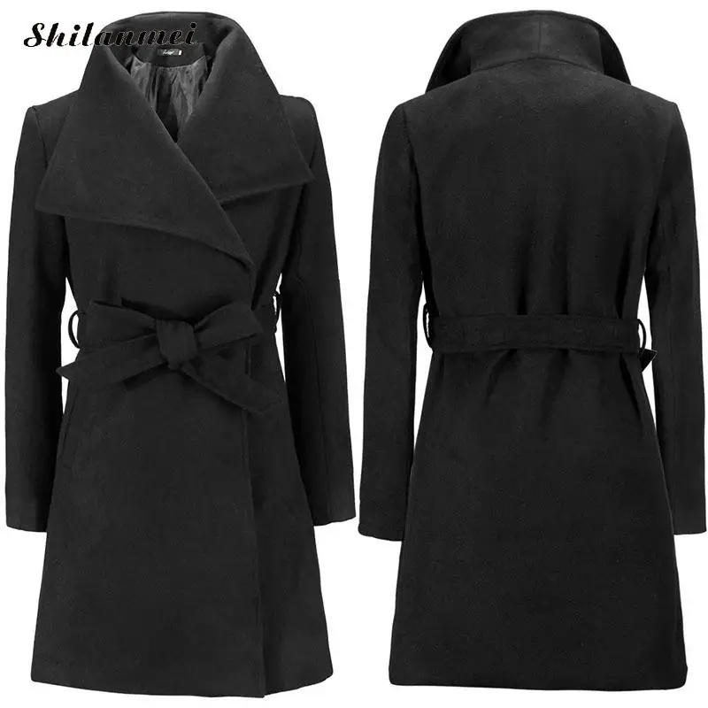 Горячая Распродажа, черное, зеленое длинное шерстяное пальто, Женское зимнее пальто, облегающее пальто с отворотами и поясом, осенне-зимняя теплая верхняя одежда - Цвет: black