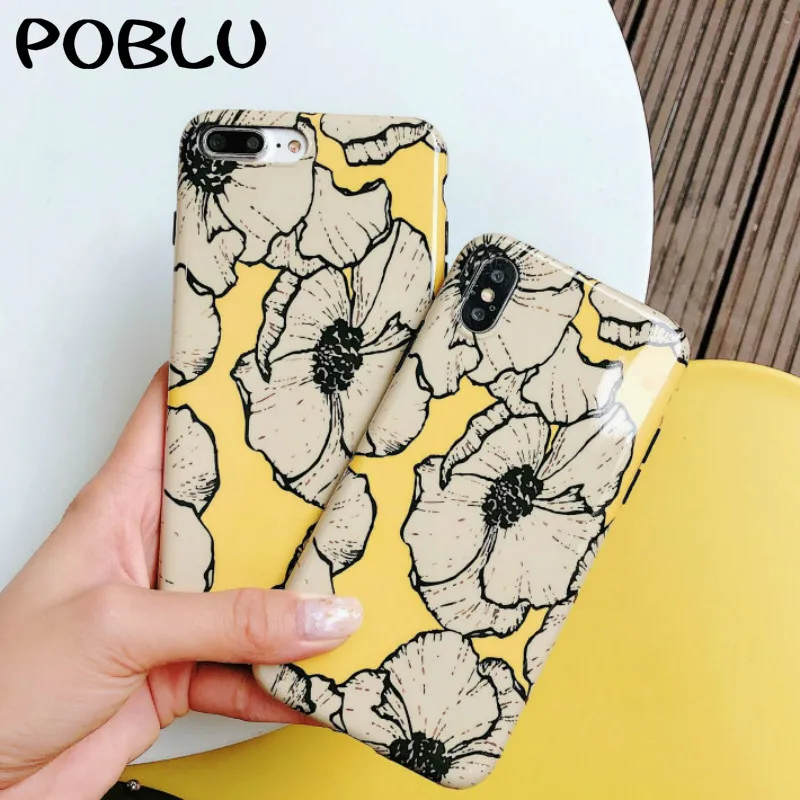 POBLU Retro Flowers Phone Case For iphone X XS 6S 7 8 Plus Glossy Soft IMD Back Cover Fashion Cute Cartoon Shell |