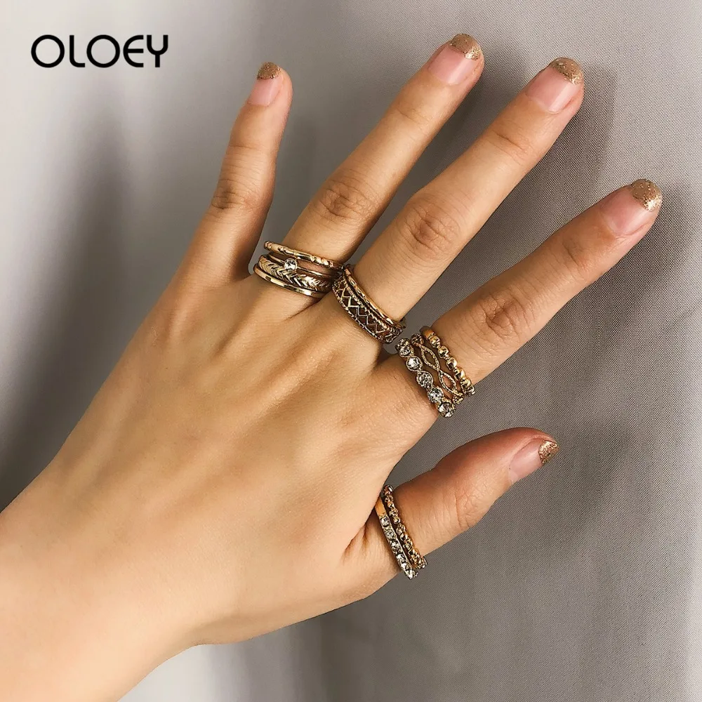 

OLOEY Retro Punk Rings Set Fashion Women Carved Knotted Finger Rings Female Party Hollow Crystals Knuckle Ring Jewelry Gifts