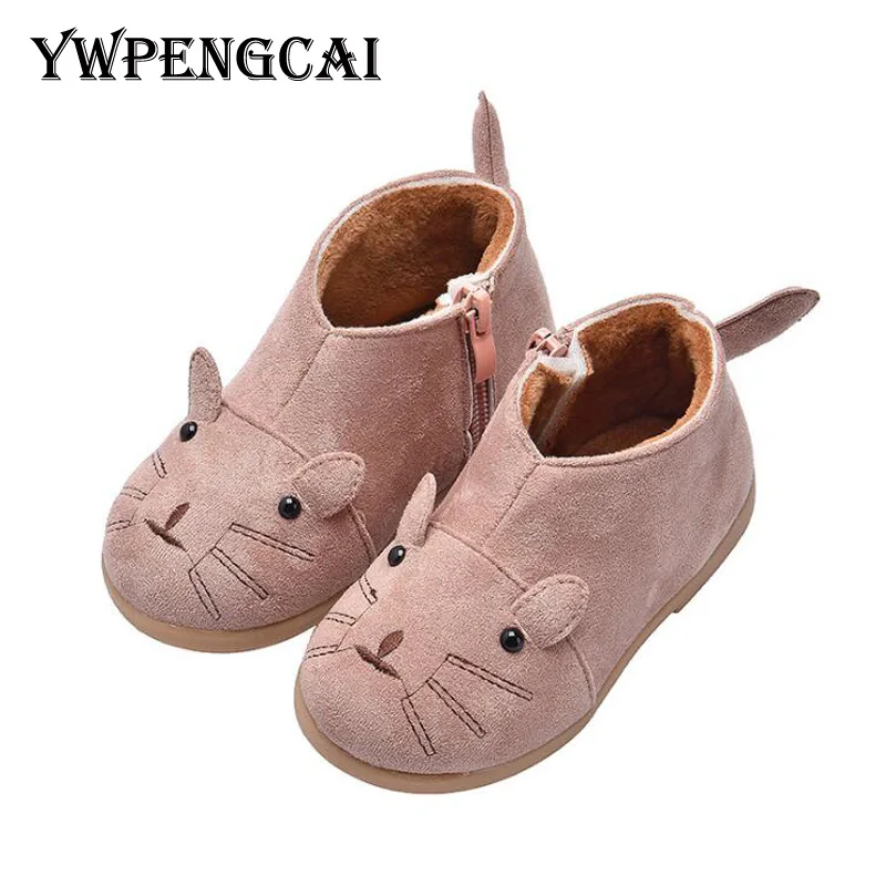 

Autumn Winter Short Fur Boots for Girls Cute Cat Pattern Baby Girl Boots Soft Thicken Toddler Boots Size 21-25, Pink, Gray, Red