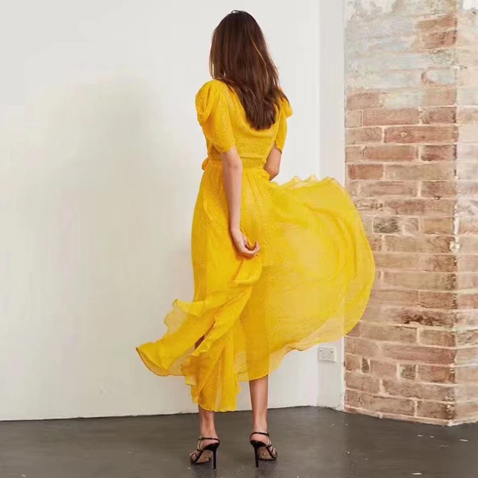 Liser летний Для женщин платье с коротким рукавом, v-образный вырез на шее, платье пикантные элегантные туфли в стиле знаменитостей; вечерние желтые платья Vestidos