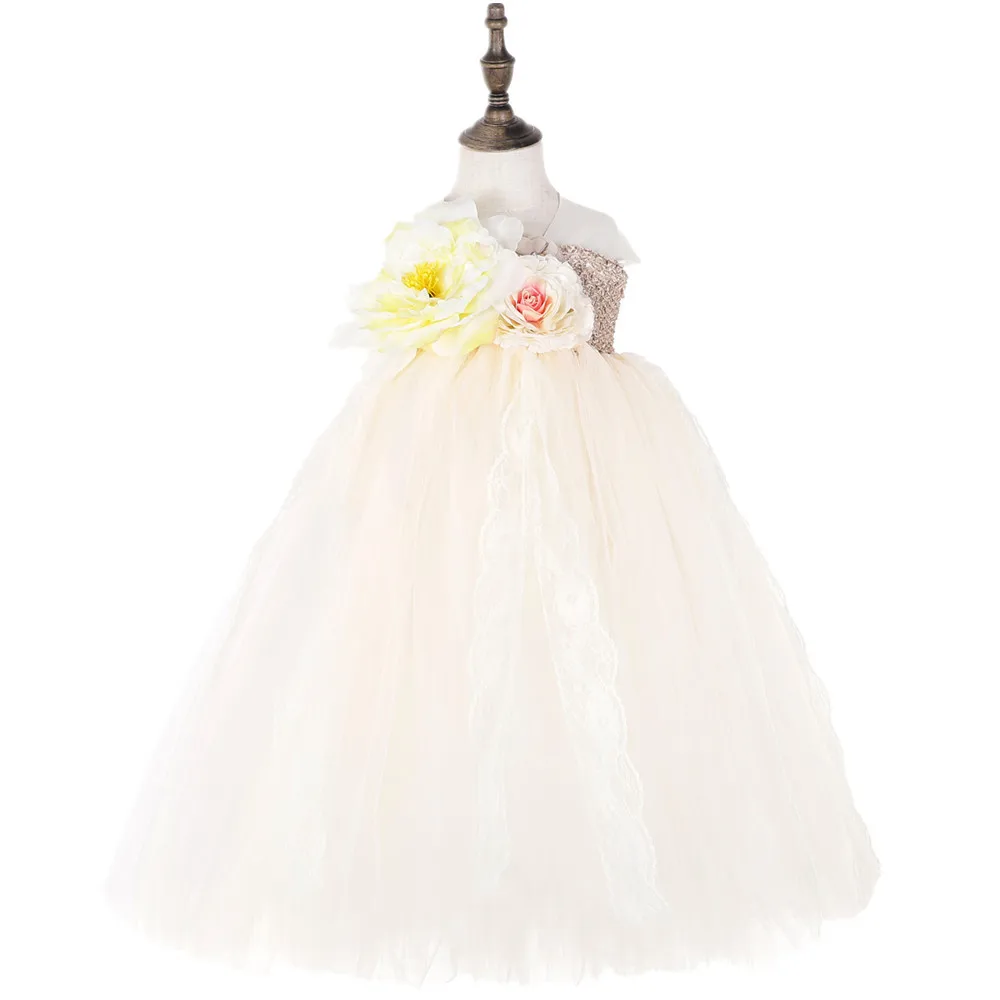 

Floral One Shoulder Girl Dress Teen Solid Kids Dresses for Girls Long Sleeveless Lace Wedding Christening Tutu Dress Ball Gowns