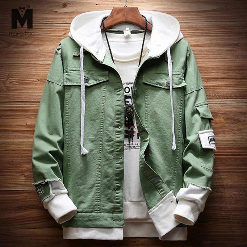 

Men women 2019 New spring Fake two pieces Stitching Pink Ripped Hooded Denim jeans Jacket Hip Hop Swag Loose Holes Casual Coats
