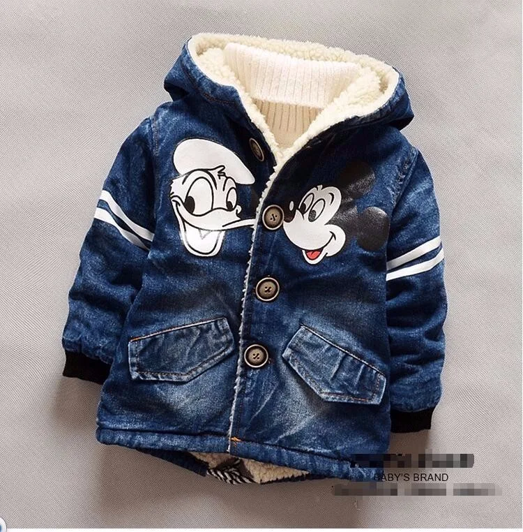 

Minnie Mouse Infant Girl Winter Coat Baby Boy Padded Jacket Hooded Boys Denim Jacket 2-5T Children Thick Outerwear Bebe Clothing