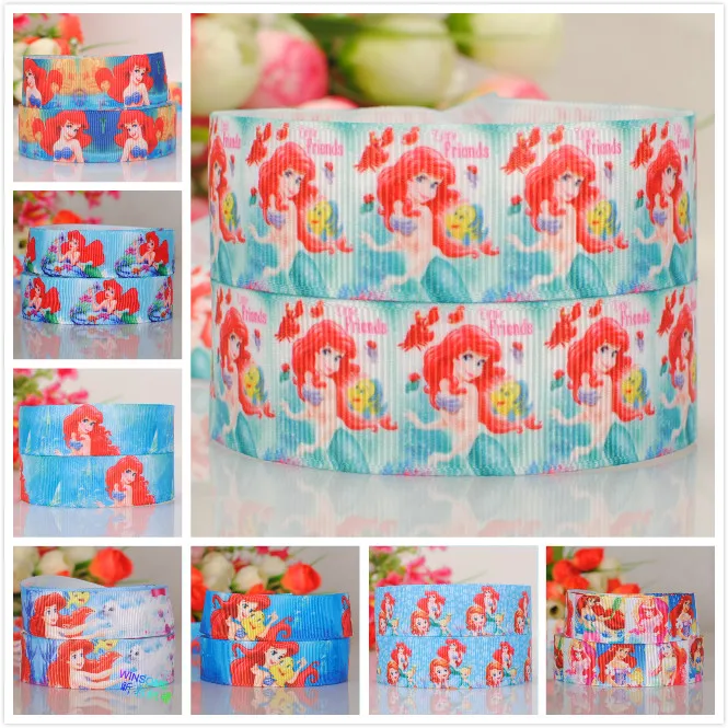 

50% off 1" and 7/8" Lovely cartoon Mermaid Princess cartoon printed grosgrain ribbon 5 /10/20yards/print random delivery