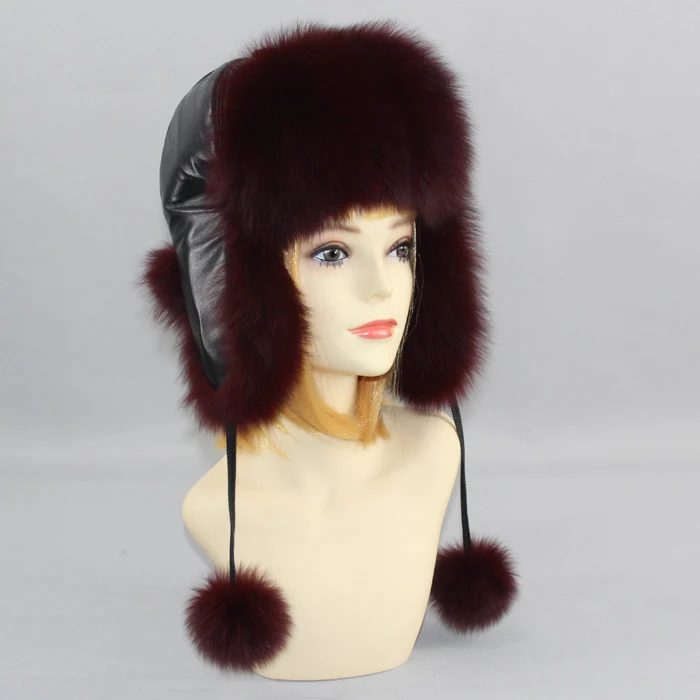 Genuin Fox Fur Hats Lady Real Fox Fur Lei Feng Cap for Russian Women Bomber Hats with Leather Caps Retail wholesale - Color: wine