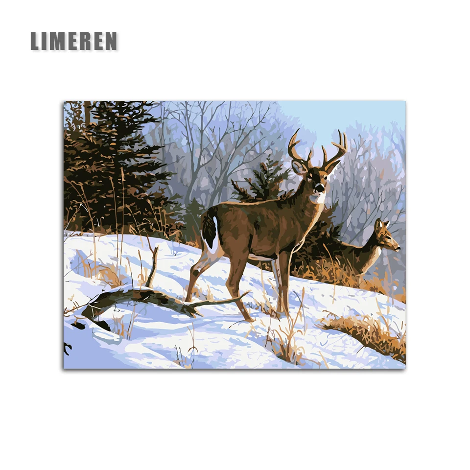 

DIY painting by numbers deer snow forest hand painted coloring by numbers on canvas wall art painting for home decor