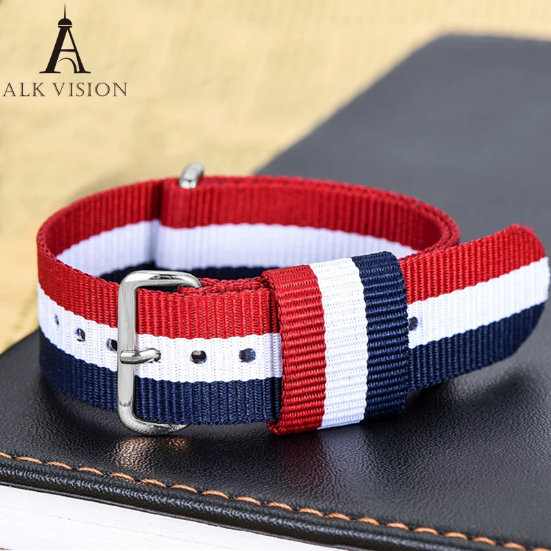 

Hot Sale Canvas Fabric Nylon Watch Straps Bands Red Blue White Striped Replace Wristwatch bracelet Width 20mm