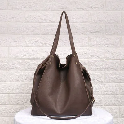 Женская Новинка, черная, коричневая большая сумка на одно плечо, женская мягкая сумка-тоут из натуральной кожи, повседневная большая сумка-мессенджер из воловьей кожи - Цвет: brown