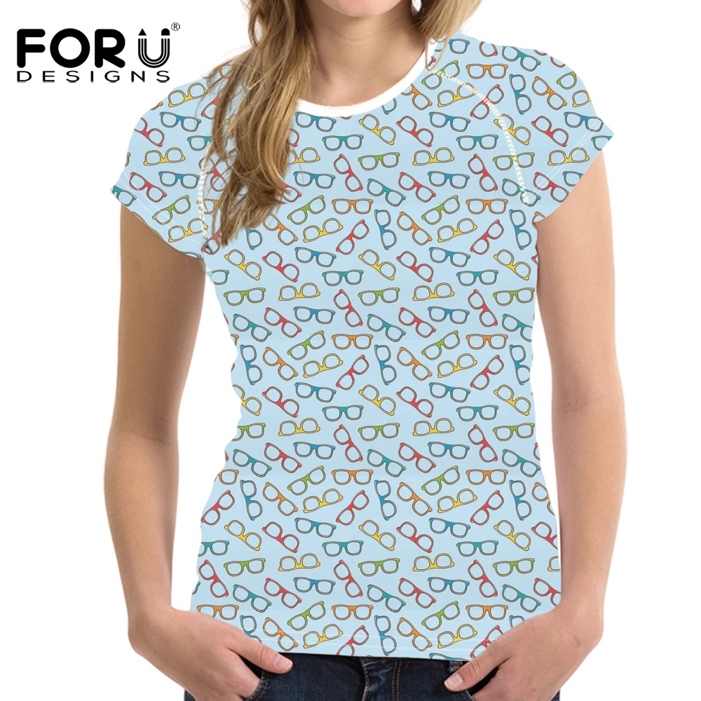 FORUDESIGNS Eyeglasses Pattern Tops Tee Slim Fit T Shirt for Women