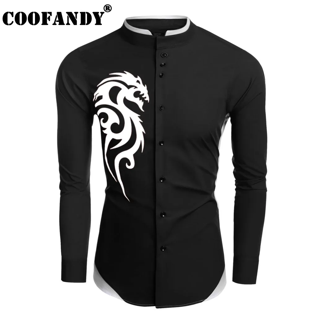 COOFANDY 2017 New Mens Casual Long Sleeve Patchwork Stand Collar Slim Print Shirt-in Casual 