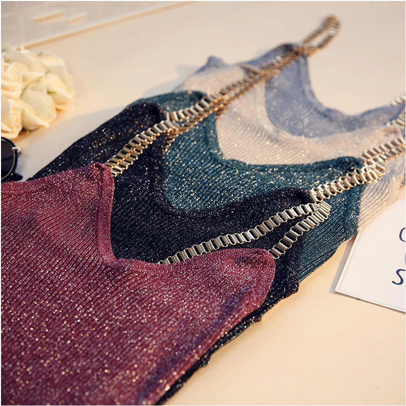

2018 Women Bright Silk Knitted Slim Tank Tops Metal Chain Elastic Bottom Vest Summer Sexy Backless Top Female Seamless Camisole