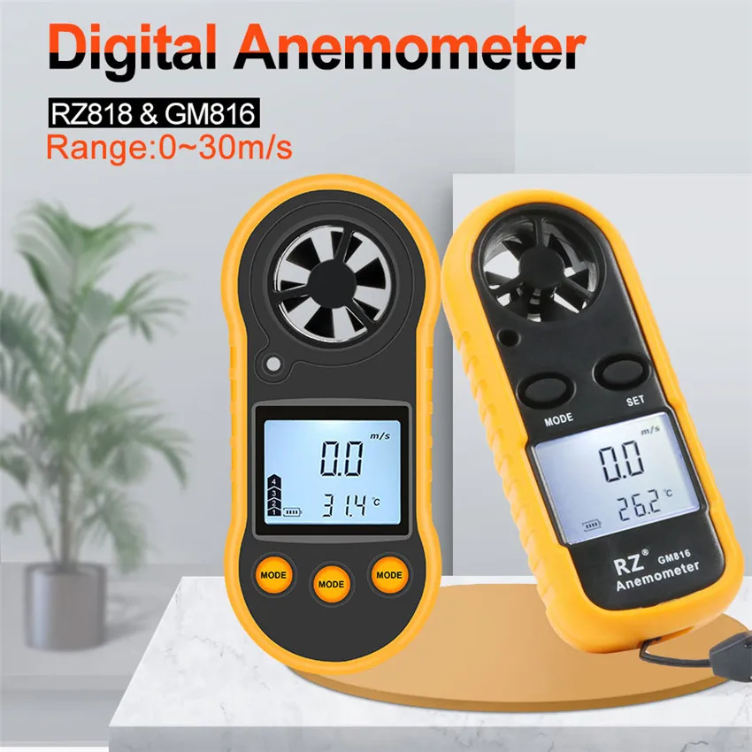 

RZ 818 Portable Anemometer Anemometro Thermometer GM816 Wind Speed Gauge Meter Windmeter 30m/s LCD Digital Hand-held tool