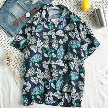 

2019 Korean Style Men Fashion Leaves Print Short Sleeve Shirt Mens Summer Casual Loose Cotton Beach Hawaiian Shirt Ds50311