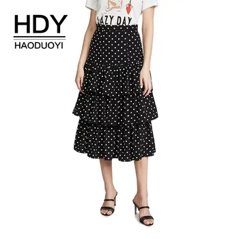 

HDY Haoduoyi Femme Simple Summer Stylish Fashion Sweet College Style Retro Wave Point High Waist Level Ruffled Edge Midi Skirt