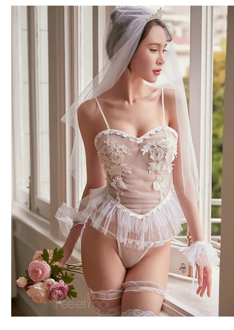 Role Play Erotic Lingerie Women White Bride Wedding Dress Sexy Lingerie Temptation Babydoll Chemise Cosplay Bedroom swimsuit