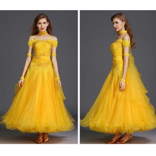 yellow Бальные платья для танцев для женщин высокое качество белый короткий рукав Вальс Танго Фламенко костюм леди платье для танцев - Цвет: yellow