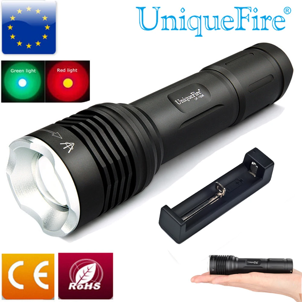 UniqueFire 1506 Портативный мощный фонарик XRE-Q5 ламповый фонарь 20 мм зум-объектив фокус 3 режима белый/зеленый/красный свет + Зарядное устройство