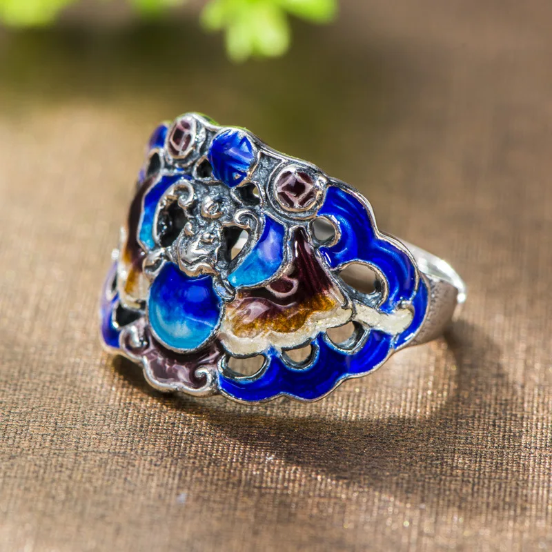 925 Sterling Silver Cloisonne Crafts Ethnic Style Roasted Blue Design Ring
