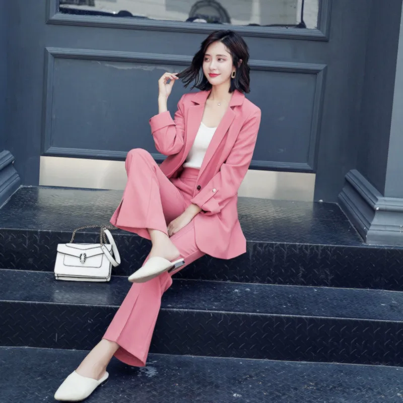 Photo Color Fashion loose professional British wind small suit two-piece flared pants Slim solid color casual suit jacket female - Цвет: Photo Color