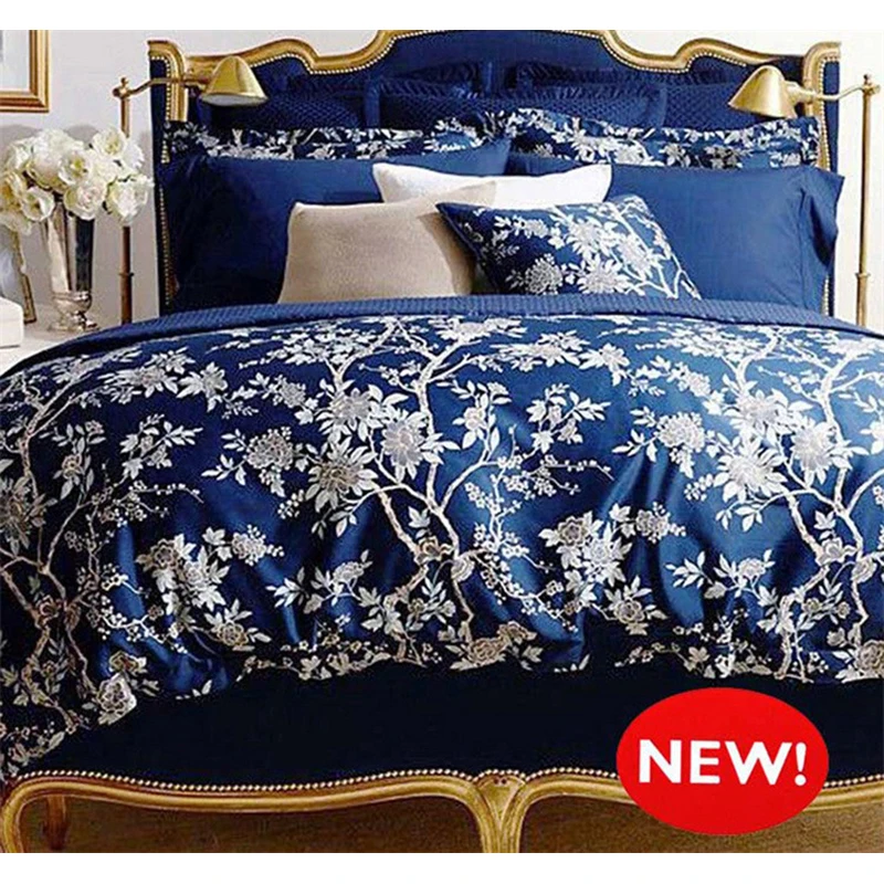 CHAUSUB Luxury Bed Linens Blue Bedding Set 4PCS Satin Egyptian Cotton Printed Duvet Cover King Queen Size Bed Sheets Quilt Cover