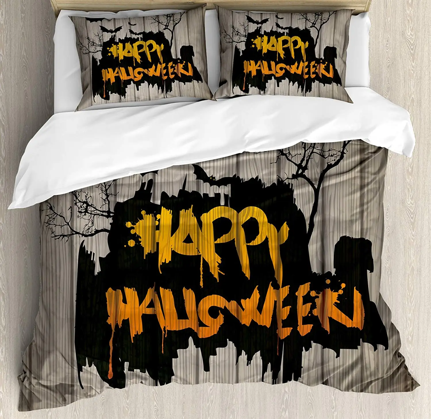 

Halloween Decor Duvet Cover Set Happy Graffiti Style Lettering on Rustic Wooden Fence Scary Evil Artwork 3/4pcs Bedding Set