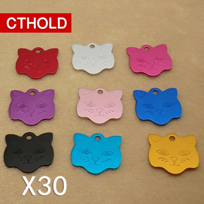 

CTHOLD 30pcs cat face Personalized Dog Tag Handmade Aluminum Pet ID Tag for Dog Puppies Colorful Name Tags for Cats Kitten Plate