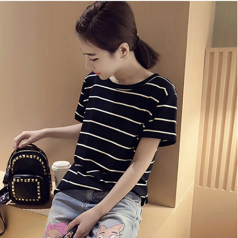 

2019 Women's Clothing Casual Short Regular Summer New Korean Striped Short-sleeved T-shirt Female Student Shirt Bottoming Shirt