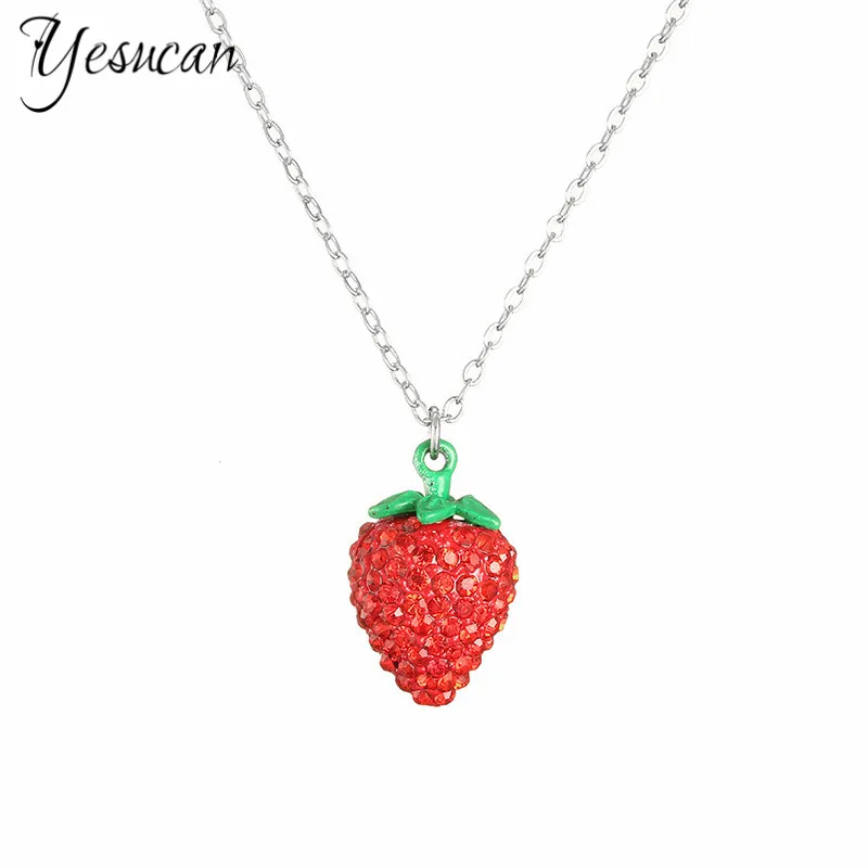 

Yesucan Novelty Jewelry Strawberry Long Chain Necklace Collares Pendant Fruit Rhinestone Kolye Accessories Strawberry Pendant