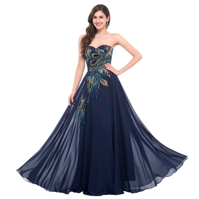 Noire Navy Femmes Blue beige En Élégante purple royalblue Broderie Paon Sans Bretelles Plus Size Robe Demoiselle Nouvelle Soie Longue De Mousseline black Féminine iOZkXPu