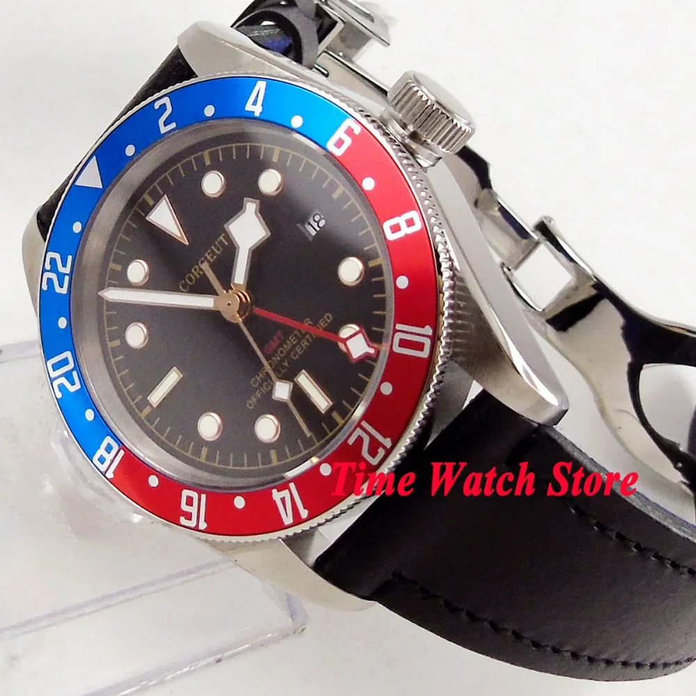 

41mm Corgeut mechanical wrist watch men waterproof dive pilot leather black dial gold blue red sapphire glass GMT Automatic 107