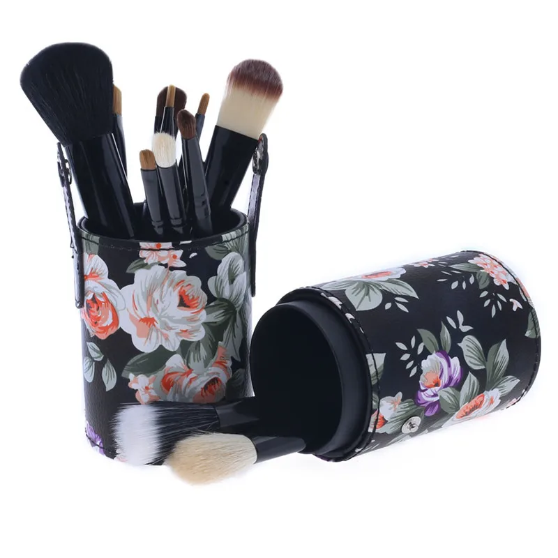 

Floral Print Makeup Brushes Holder Green PU Leather Holder Cup Cosmetic Brush Empty Box Foundation Makeup Brushes Container Case