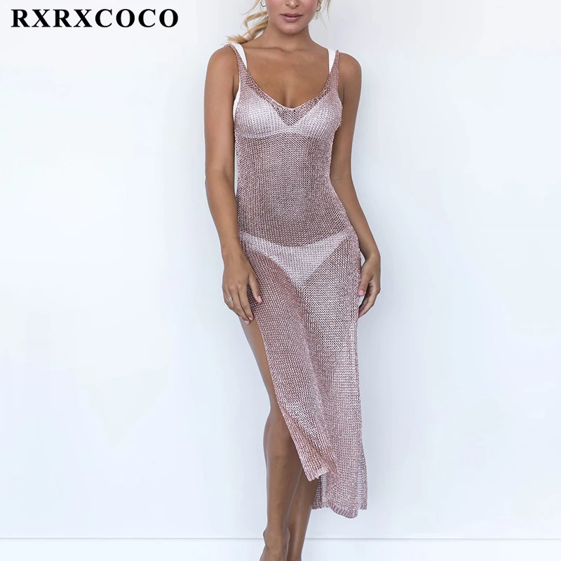 RXRXCOCO, сексуальный Однотонный женский сетчатый пляжный купальник, накидка, купальный костюм, летняя пляжная одежда, трикотажный купальник, Пляжное Платье